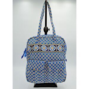Vera Bradley Riviera Blue Tall Zip Tote Fabric Laptop Book Bag w/‎ Pockets EUC